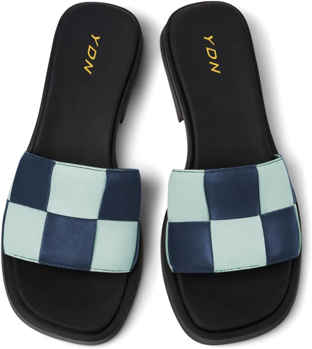 YDN Women Open Square Toe Slip On Slides Sandals Checkered Block Low Heel Slippers Party Ballroom Walking Shoes Size 4-16 US