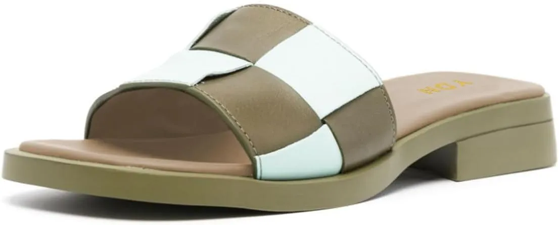 YDN Women Open Square Toe Slip On Slides Sandals Checkered Block Low Heel Slippers Party Ballroom Walking Shoes Size 4-16 US