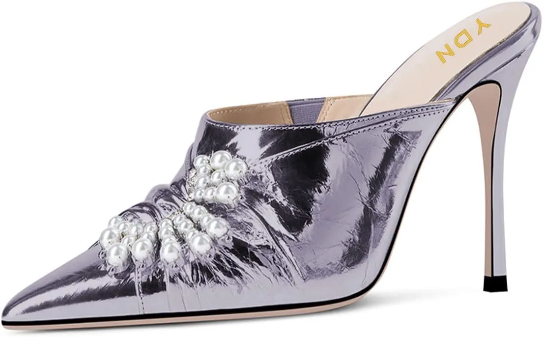YDN Women Slip On Mules Pointed Toe Stiletto High Heel Sandals Pearls Bow Dance Prom Shoes Size 4-15 US