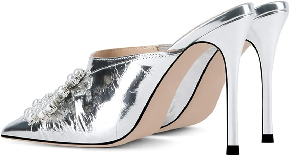 YDN Women Slip On Mules Pointed Toe Stiletto High Heel Sandals Pearls Bow Dance Prom Shoes Size 4-15 US
