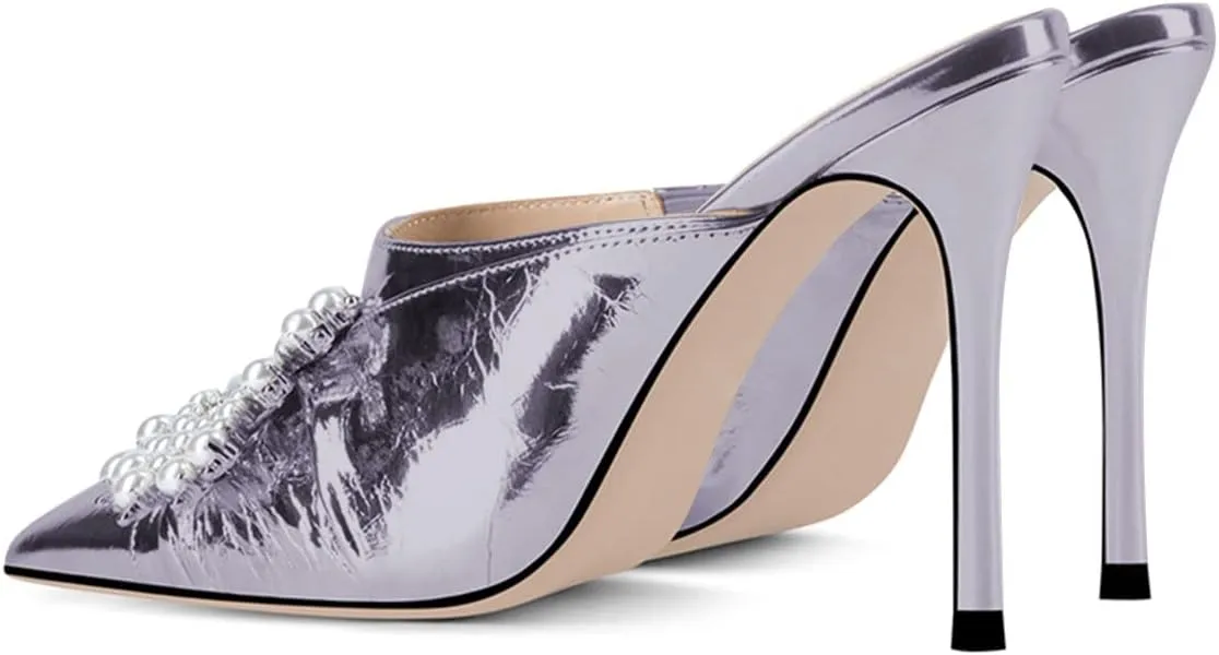 YDN Women Slip On Mules Pointed Toe Stiletto High Heel Sandals Pearls Bow Dance Prom Shoes Size 4-15 US