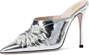 YDN Women Slip On Mules Pointed Toe Stiletto High Heel Sandals Pearls Bow Dance Prom Shoes Size 4-15 US