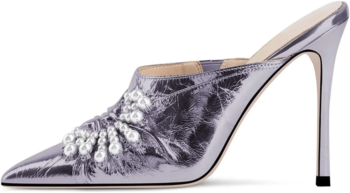 YDN Women Slip On Mules Pointed Toe Stiletto High Heel Sandals Pearls Bow Dance Prom Shoes Size 4-15 US