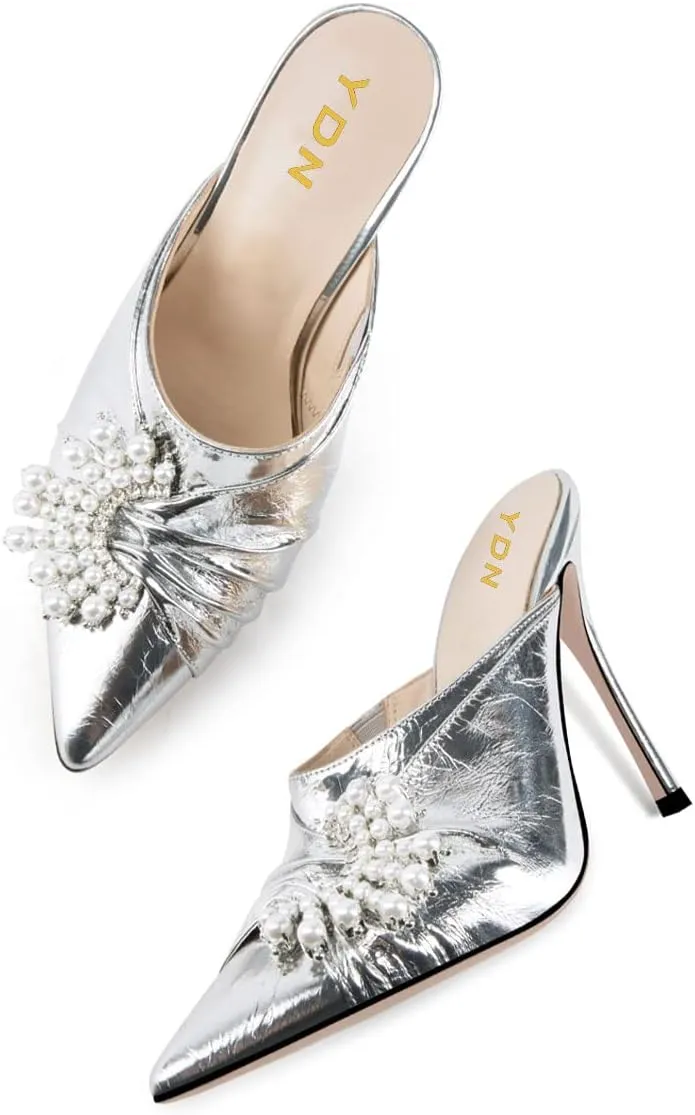 YDN Women Slip On Mules Pointed Toe Stiletto High Heel Sandals Pearls Bow Dance Prom Shoes Size 4-15 US