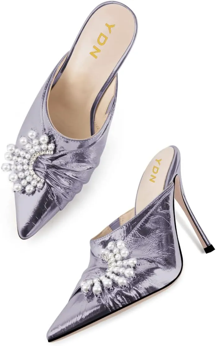 YDN Women Slip On Mules Pointed Toe Stiletto High Heel Sandals Pearls Bow Dance Prom Shoes Size 4-15 US