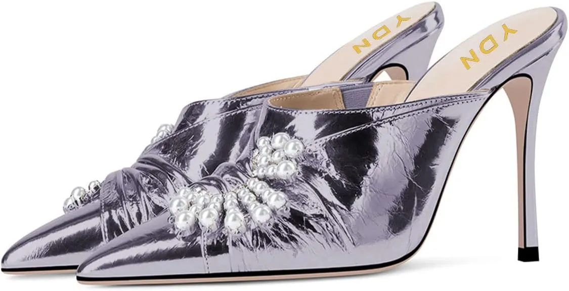 YDN Women Slip On Mules Pointed Toe Stiletto High Heel Sandals Pearls Bow Dance Prom Shoes Size 4-15 US