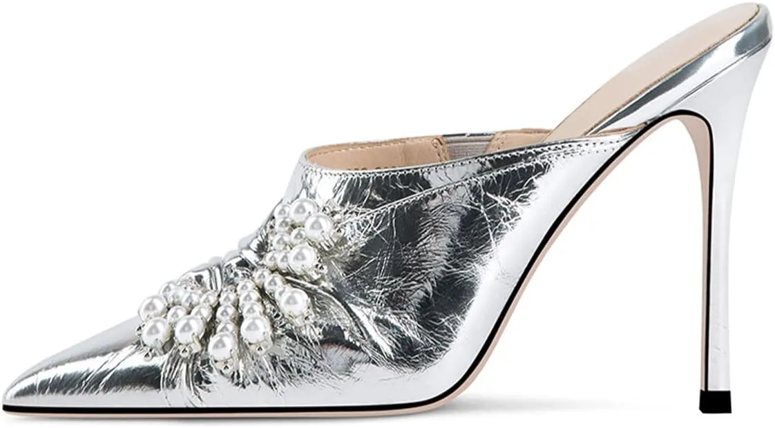 YDN Women Slip On Mules Pointed Toe Stiletto High Heel Sandals Pearls Bow Dance Prom Shoes Size 4-15 US