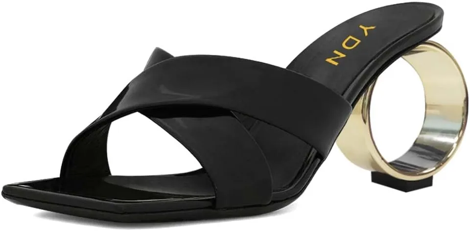 YDN Women Squre Open Toe Mules Slip on Metal Circle High Heels Cross Strap Outdoor Dressy Slipper Shoes Size 4-15 US