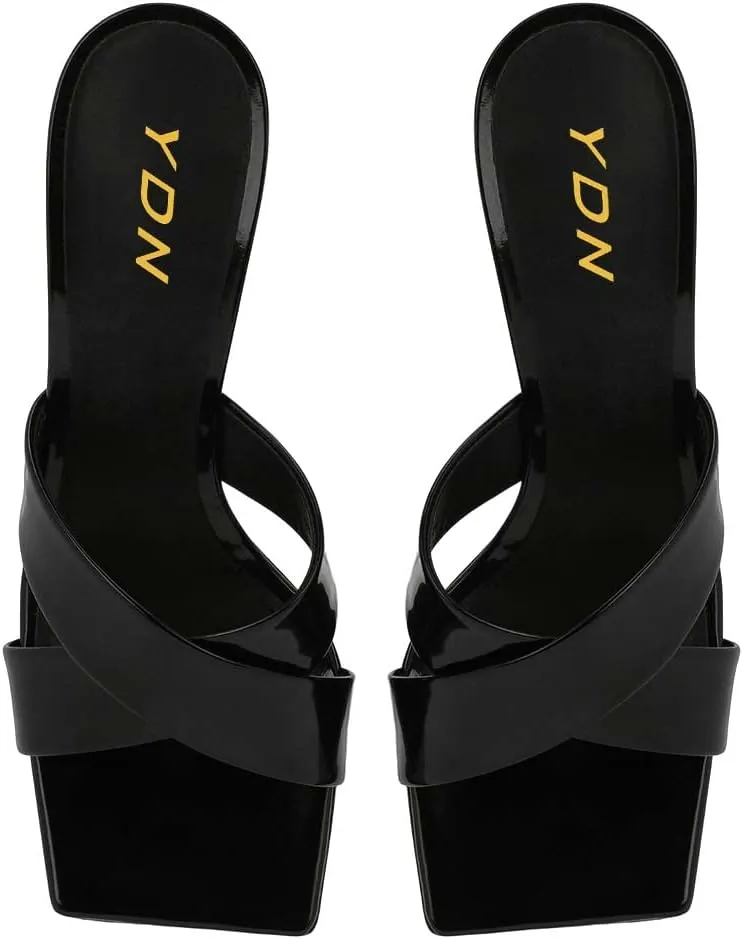 YDN Women Squre Open Toe Mules Slip on Metal Circle High Heels Cross Strap Outdoor Dressy Slipper Shoes Size 4-15 US