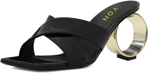 YDN Women Squre Open Toe Mules Slip on Metal Circle High Heels Cross Strap Outdoor Dressy Slipper Shoes Size 4-15 US