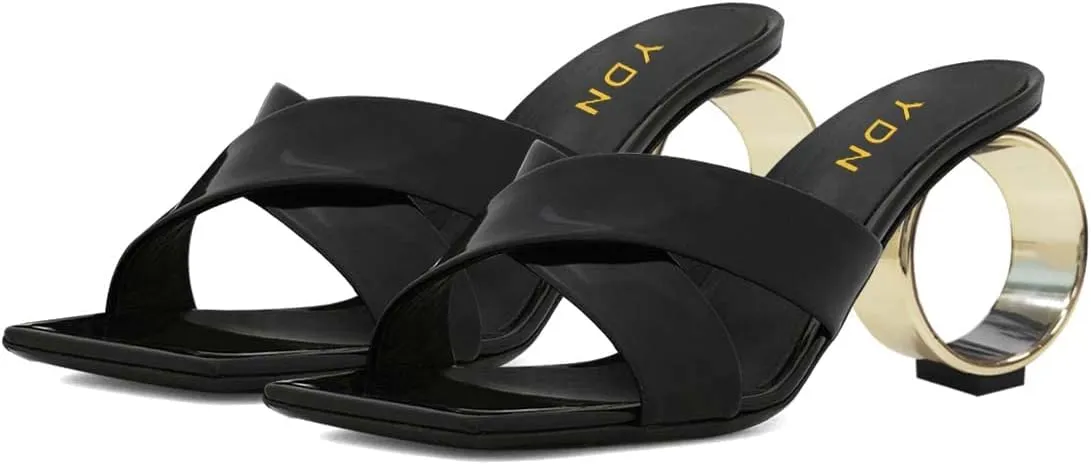 YDN Women Squre Open Toe Mules Slip on Metal Circle High Heels Cross Strap Outdoor Dressy Slipper Shoes Size 4-15 US