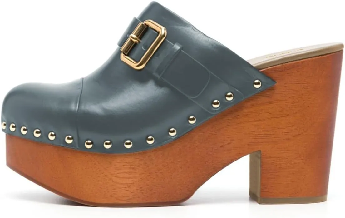 YDN Women's Chic Platform Closed Round Toe Mules Rivet Studded Chunky Block Heels Buckled Strap Slip On Sandals Daily Outfit Dress Slide Shoe Size 4-16 US