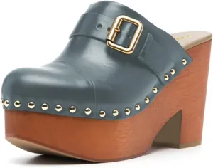 YDN Women's Chic Platform Closed Round Toe Mules Rivet Studded Chunky Block Heels Buckled Strap Slip On Sandals Daily Outfit Dress Slide Shoe Size 4-16 US