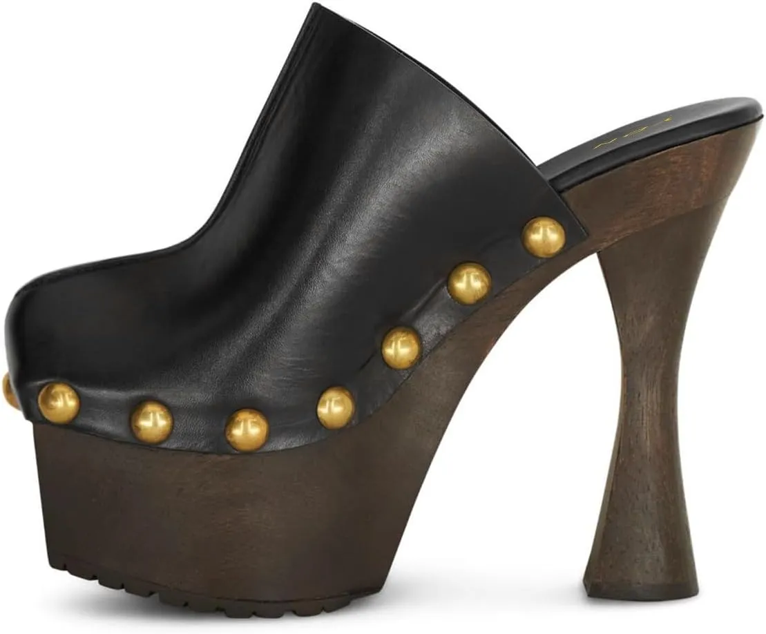 YDN Women's Nail Studded Round Toe Platform Mules Chunky Block High Heels Sexy Slip On Pumps Comfy Casual Party Daily Silde Shoes Size 4-16 US