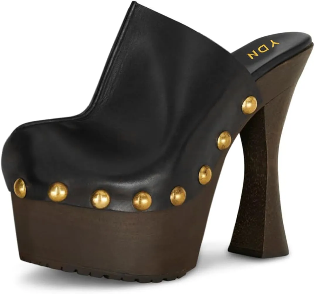 YDN Women's Nail Studded Round Toe Platform Mules Chunky Block High Heels Sexy Slip On Pumps Comfy Casual Party Daily Silde Shoes Size 4-16 US