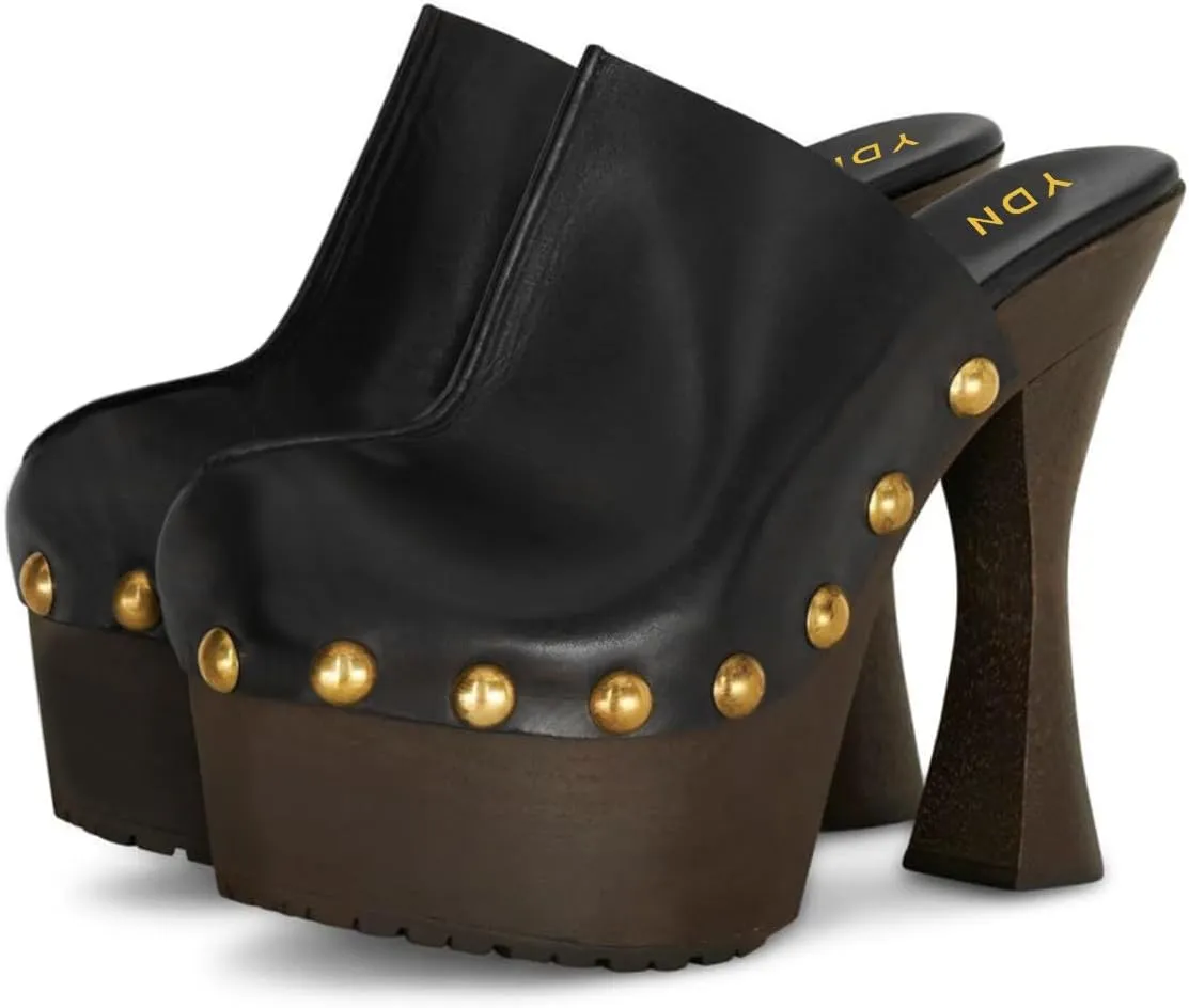 YDN Women's Nail Studded Round Toe Platform Mules Chunky Block High Heels Sexy Slip On Pumps Comfy Casual Party Daily Silde Shoes Size 4-16 US