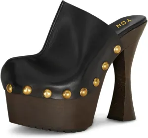 YDN Women's Nail Studded Round Toe Platform Mules Chunky Block High Heels Sexy Slip On Pumps Comfy Casual Party Daily Silde Shoes Size 4-16 US