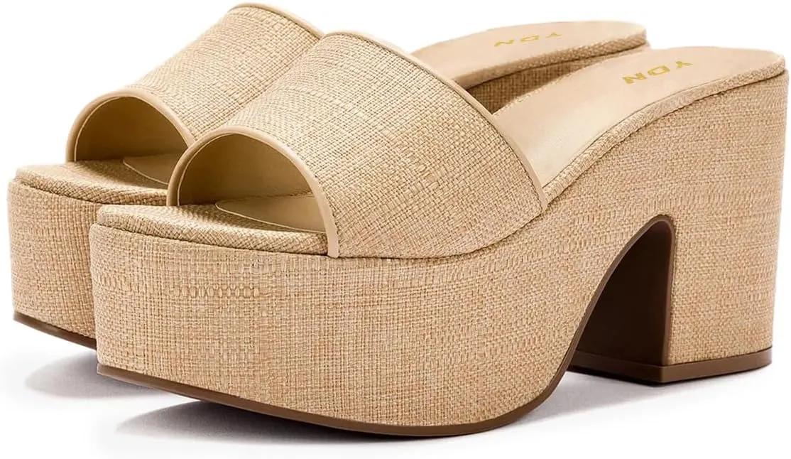 YDN Women's Platform Heeled Mules Round Toe Chunky Block Heels Slip On Comfy Slide Sandals Indoor and Outdoor Slippers Shoes Size 4-16 US