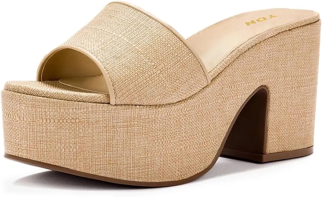 YDN Women's Platform Heeled Mules Round Toe Chunky Block Heels Slip On Comfy Slide Sandals Indoor and Outdoor Slippers Shoes Size 4-16 US
