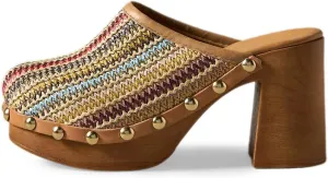 YDN Women's Platform Slip On Clogs Mules Cork High Heel Round Toe Rivet Studded Sandals Comfy Indoor Shopping Shoes Size 4-16 US
