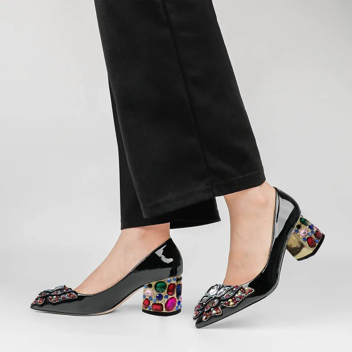 YDN Women's Pointed Toe Bow Pumps Colorful Rhinestone Block Low Heel Butterfly Slip On Fashion Party Dance Shoes Size 4-15 US