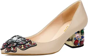 YDN Women's Pointed Toe Bow Pumps Colorful Rhinestone Block Low Heel Butterfly Slip On Fashion Party Dance Shoes Size 4-15 US