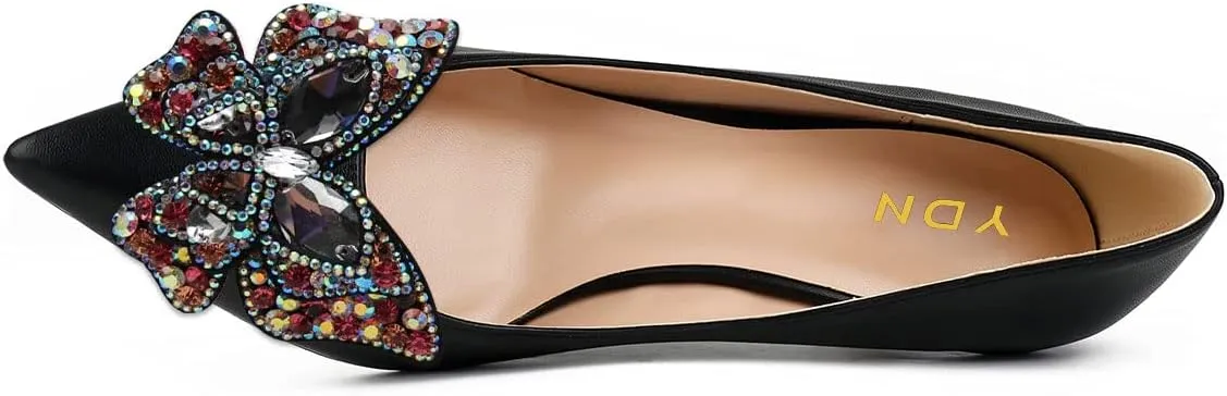 YDN Women's Pointed Toe Bow Pumps Colorful Rhinestone Block Low Heel Butterfly Slip On Fashion Party Dance Shoes Size 4-15 US