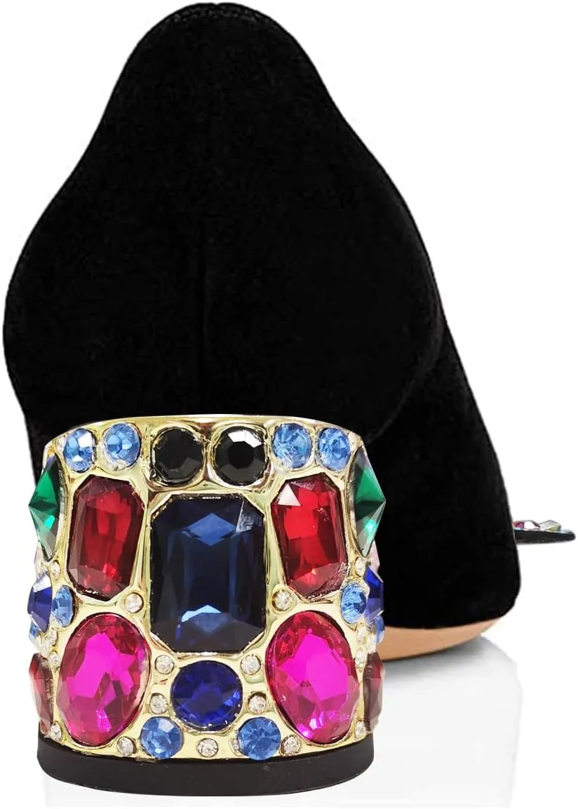 YDN Women's Pointed Toe Bow Pumps Colorful Rhinestone Block Low Heel Butterfly Slip On Fashion Party Dance Shoes Size 4-15 US