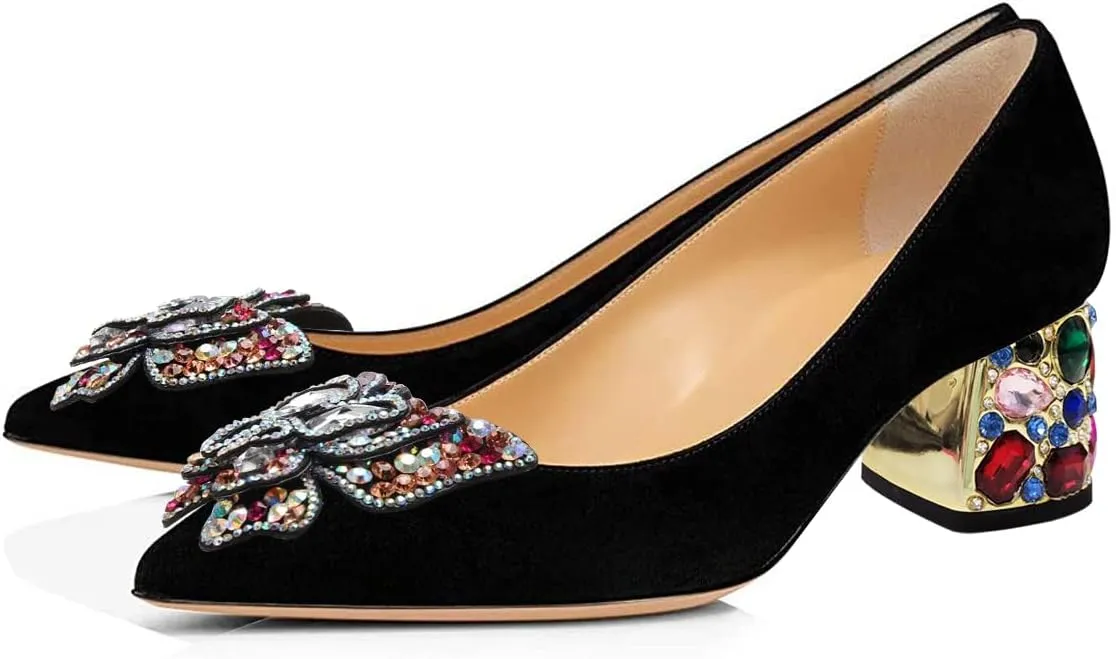 YDN Women's Pointed Toe Bow Pumps Colorful Rhinestone Block Low Heel Butterfly Slip On Fashion Party Dance Shoes Size 4-15 US