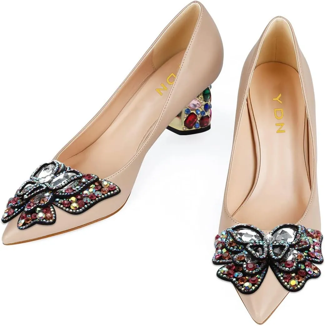 YDN Women's Pointed Toe Bow Pumps Colorful Rhinestone Block Low Heel Butterfly Slip On Fashion Party Dance Shoes Size 4-15 US