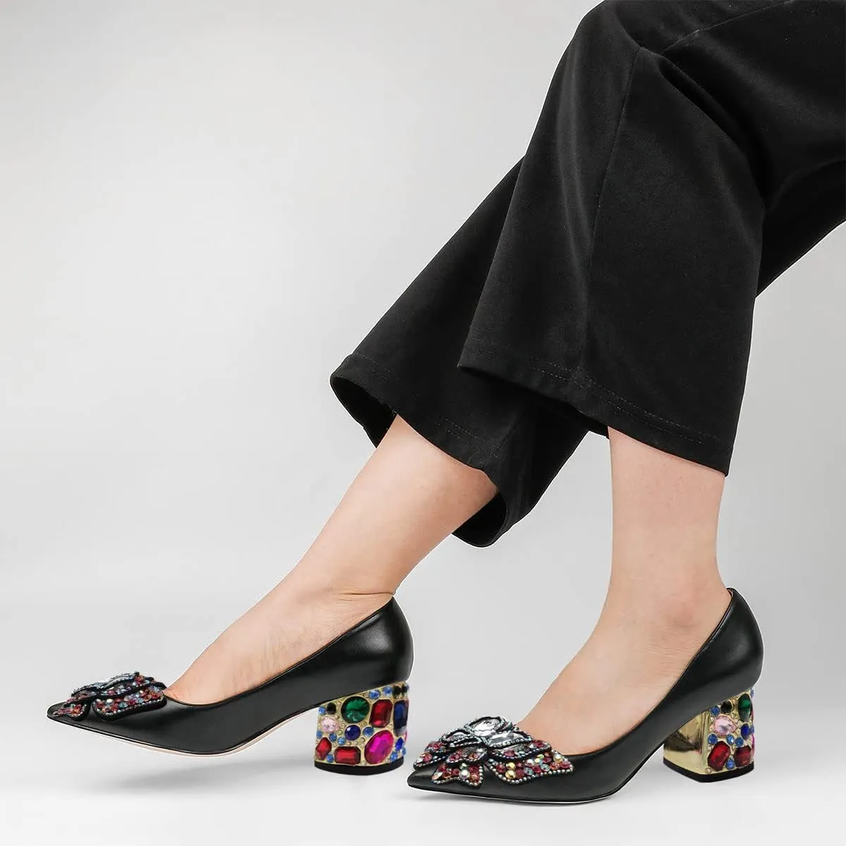 YDN Women's Pointed Toe Bow Pumps Colorful Rhinestone Block Low Heel Butterfly Slip On Fashion Party Dance Shoes Size 4-15 US