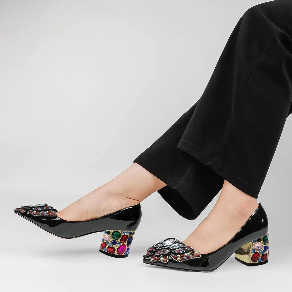 YDN Women's Pointed Toe Bow Pumps Colorful Rhinestone Block Low Heel Butterfly Slip On Fashion Party Dance Shoes Size 4-15 US