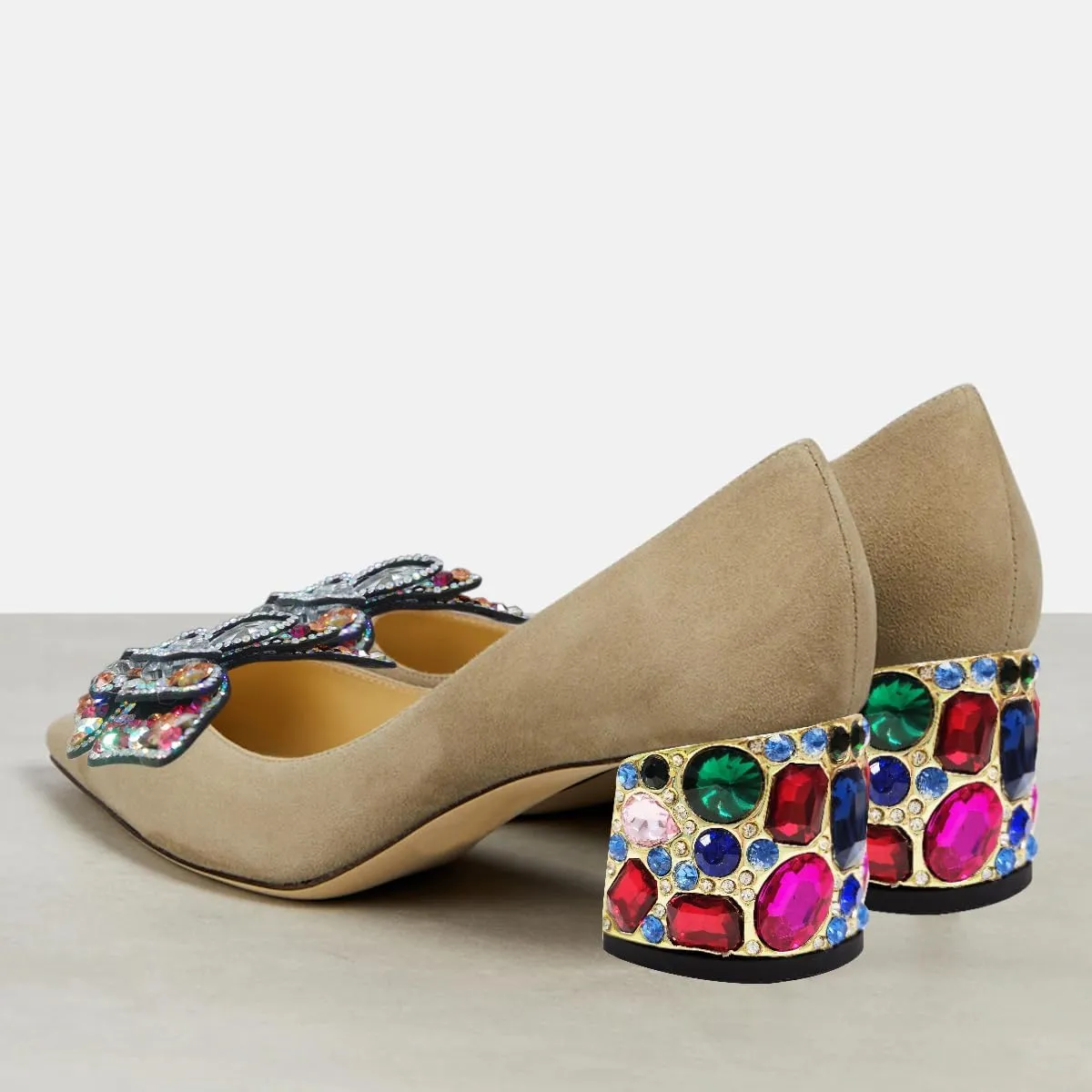 YDN Women's Pointed Toe Bow Pumps Colorful Rhinestone Block Low Heel Butterfly Slip On Fashion Party Dance Shoes Size 4-15 US