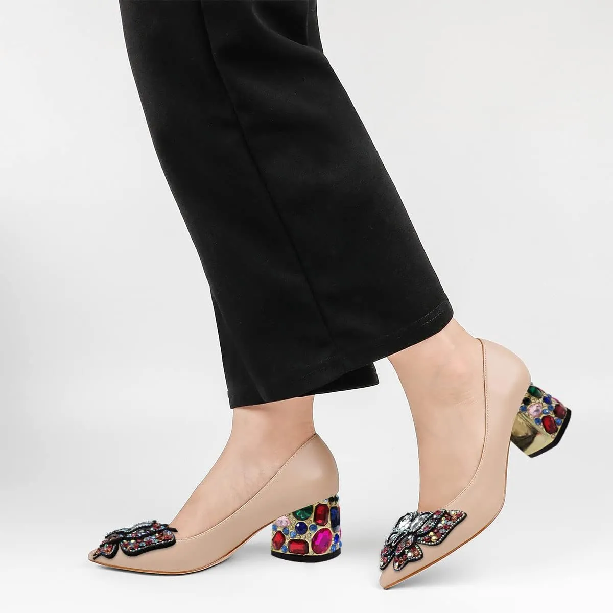 YDN Women's Pointed Toe Bow Pumps Colorful Rhinestone Block Low Heel Butterfly Slip On Fashion Party Dance Shoes Size 4-15 US