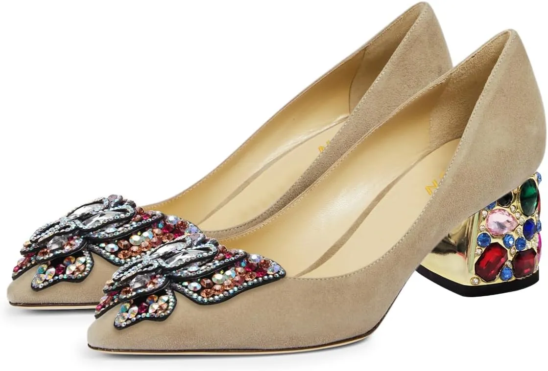 YDN Women's Pointed Toe Bow Pumps Colorful Rhinestone Block Low Heel Butterfly Slip On Fashion Party Dance Shoes Size 4-15 US