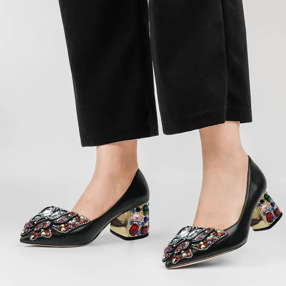 YDN Women's Pointed Toe Bow Pumps Colorful Rhinestone Block Low Heel Butterfly Slip On Fashion Party Dance Shoes Size 4-15 US