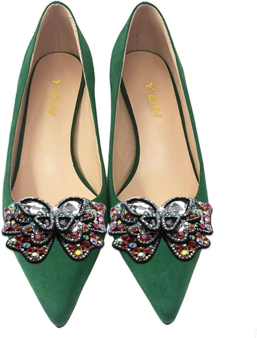 YDN Women's Pointed Toe Bow Pumps Colorful Rhinestone Block Low Heel Butterfly Slip On Fashion Party Dance Shoes Size 4-15 US
