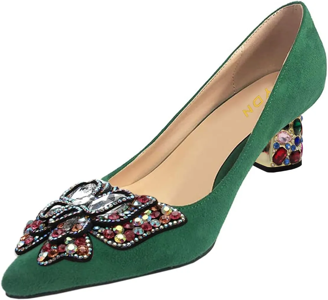 YDN Women's Pointed Toe Bow Pumps Colorful Rhinestone Block Low Heel Butterfly Slip On Fashion Party Dance Shoes Size 4-15 US