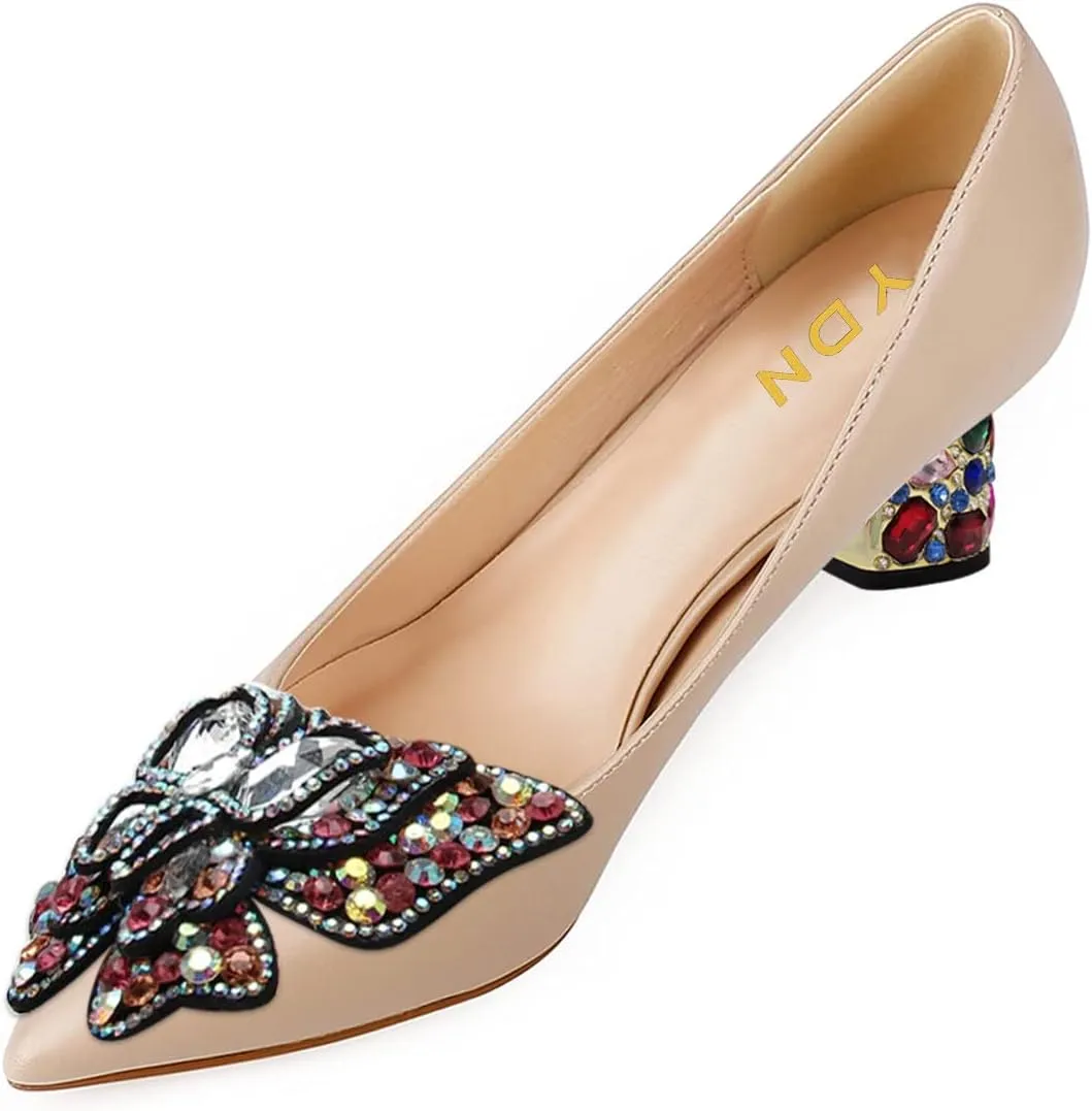 YDN Women's Pointed Toe Bow Pumps Colorful Rhinestone Block Low Heel Butterfly Slip On Fashion Party Dance Shoes Size 4-15 US