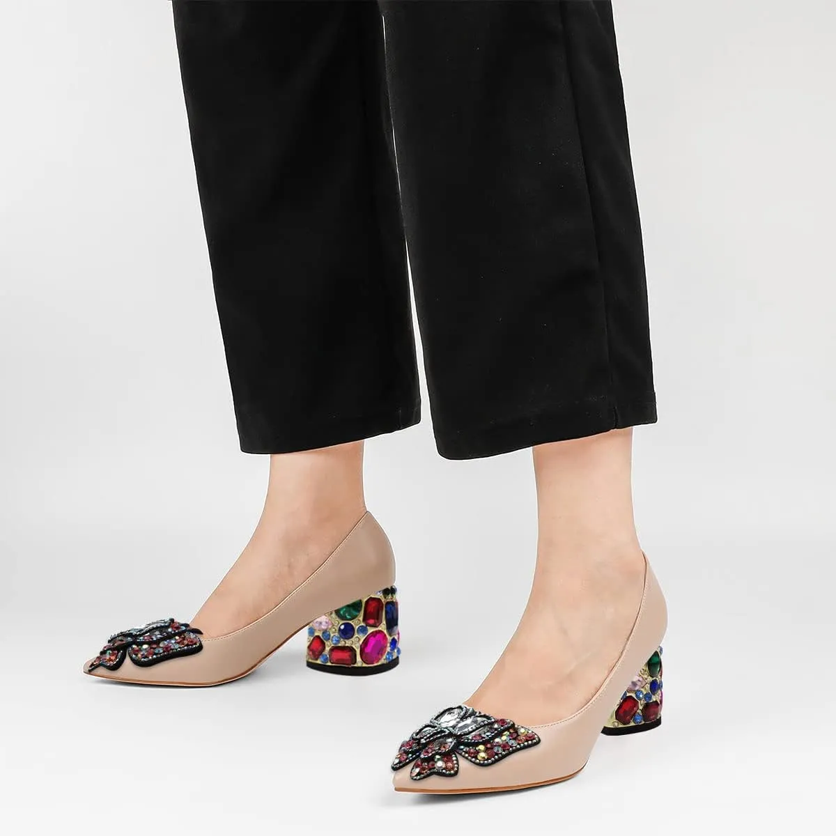 YDN Women's Pointed Toe Bow Pumps Colorful Rhinestone Block Low Heel Butterfly Slip On Fashion Party Dance Shoes Size 4-15 US