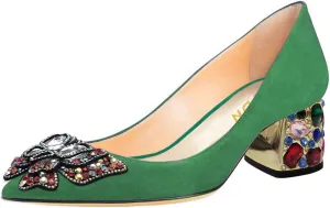 YDN Women's Pointed Toe Bow Pumps Colorful Rhinestone Block Low Heel Butterfly Slip On Fashion Party Dance Shoes Size 4-15 US