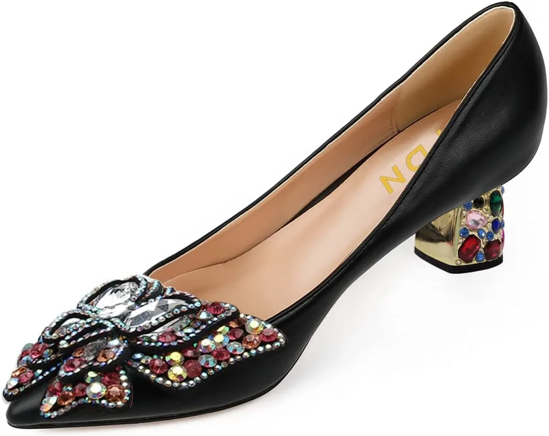 YDN Women's Pointed Toe Bow Pumps Colorful Rhinestone Block Low Heel Butterfly Slip On Fashion Party Dance Shoes Size 4-15 US
