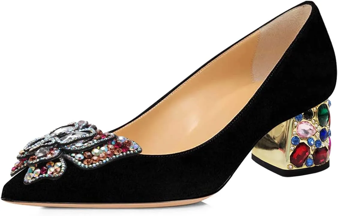 YDN Women's Pointed Toe Bow Pumps Colorful Rhinestone Block Low Heel Butterfly Slip On Fashion Party Dance Shoes Size 4-15 US