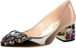 YDN Women's Pointed Toe Bow Pumps Colorful Rhinestone Block Low Heel Butterfly Slip On Fashion Party Dance Shoes Size 4-15 US