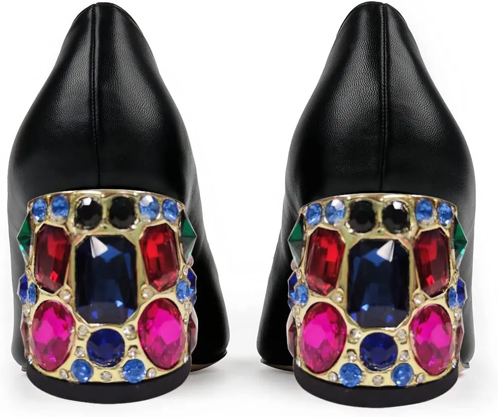 YDN Women's Pointed Toe Bow Pumps Colorful Rhinestone Block Low Heel Butterfly Slip On Fashion Party Dance Shoes Size 4-15 US