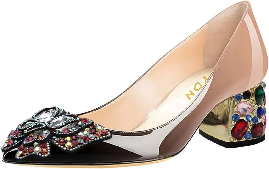 YDN Women's Pointed Toe Bow Pumps Colorful Rhinestone Block Low Heel Butterfly Slip On Fashion Party Dance Shoes Size 4-15 US