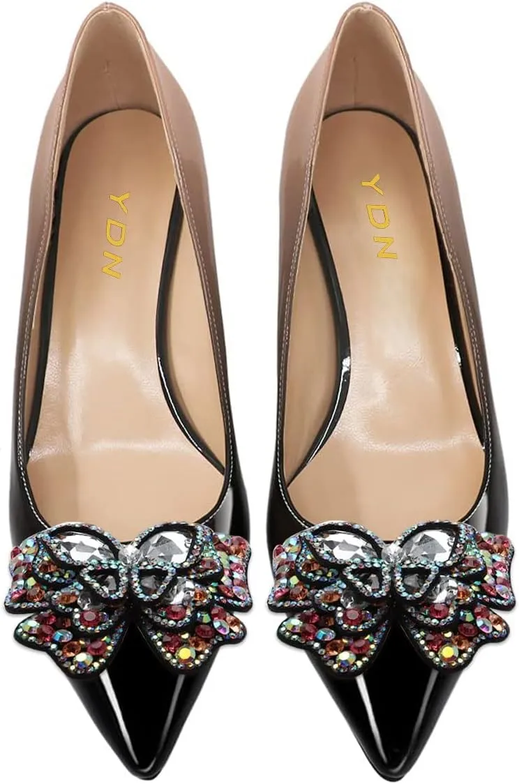 YDN Women's Pointed Toe Bow Pumps Colorful Rhinestone Block Low Heel Butterfly Slip On Fashion Party Dance Shoes Size 4-15 US