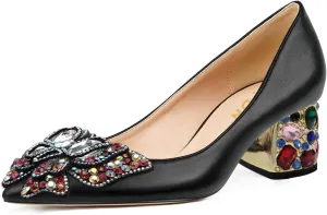 YDN Women's Pointed Toe Bow Pumps Colorful Rhinestone Block Low Heel Butterfly Slip On Fashion Party Dance Shoes Size 4-15 US