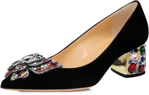 YDN Women's Pointed Toe Bow Pumps Colorful Rhinestone Block Low Heel Butterfly Slip On Fashion Party Dance Shoes Size 4-15 US