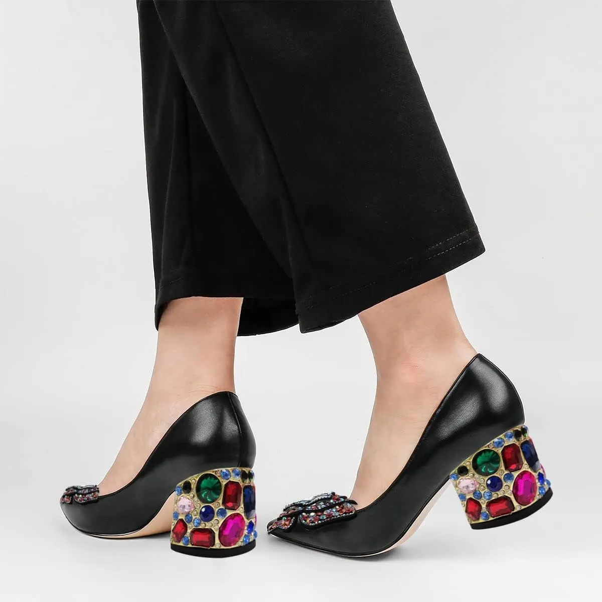 YDN Women's Pointed Toe Bow Pumps Colorful Rhinestone Block Low Heel Butterfly Slip On Fashion Party Dance Shoes Size 4-15 US